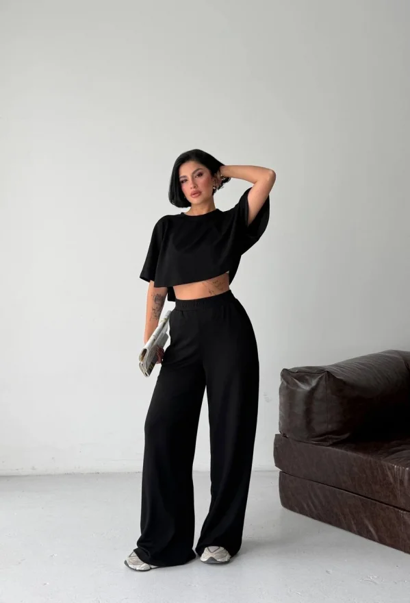 Siyah Crop Beli Lastikli Palazzo Eşofman İkili Modal Takım