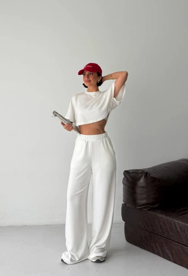 Beyaz Crop Beli Lastikli Palazzo Eşofman İkili Modal Takım