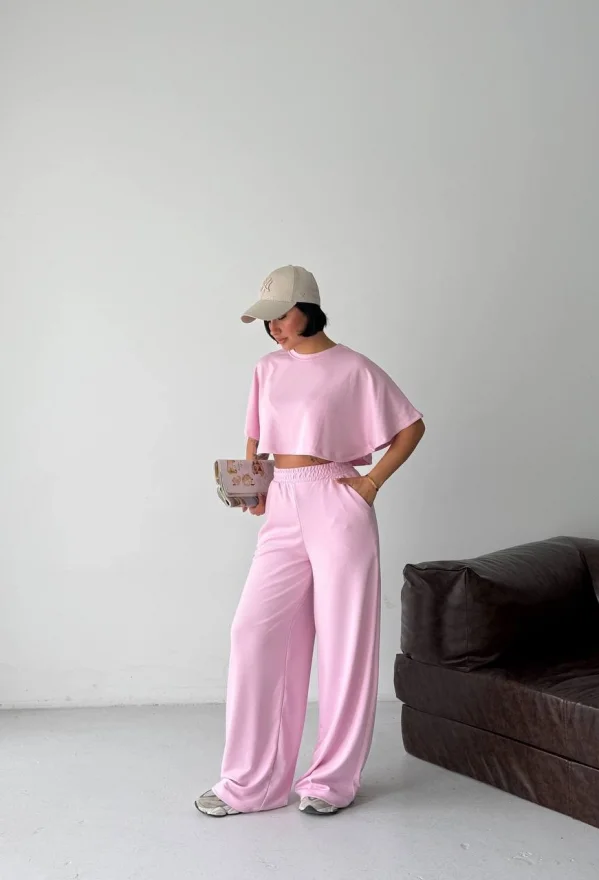 Pembe Crop Beli Lastikli Palazzo Eşofman İkili Modal Takım