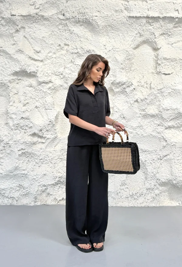 Siyah Yakalı Oversize Tencel Modal Takım