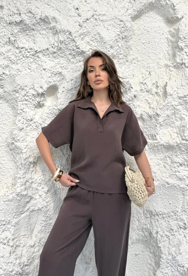 Kahverengi Yakalı Oversize Tencel Modal Takım