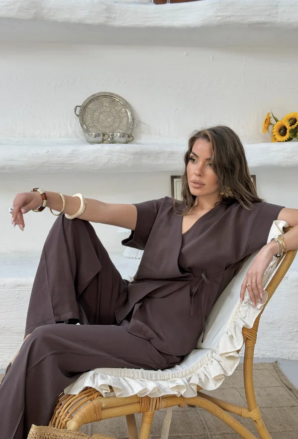 Kahverengi Bağlamalı Oversize Tencel Modal Takım