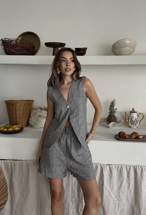 Antrasit Keten Tek Düğme Yelekli Şortlu Takım