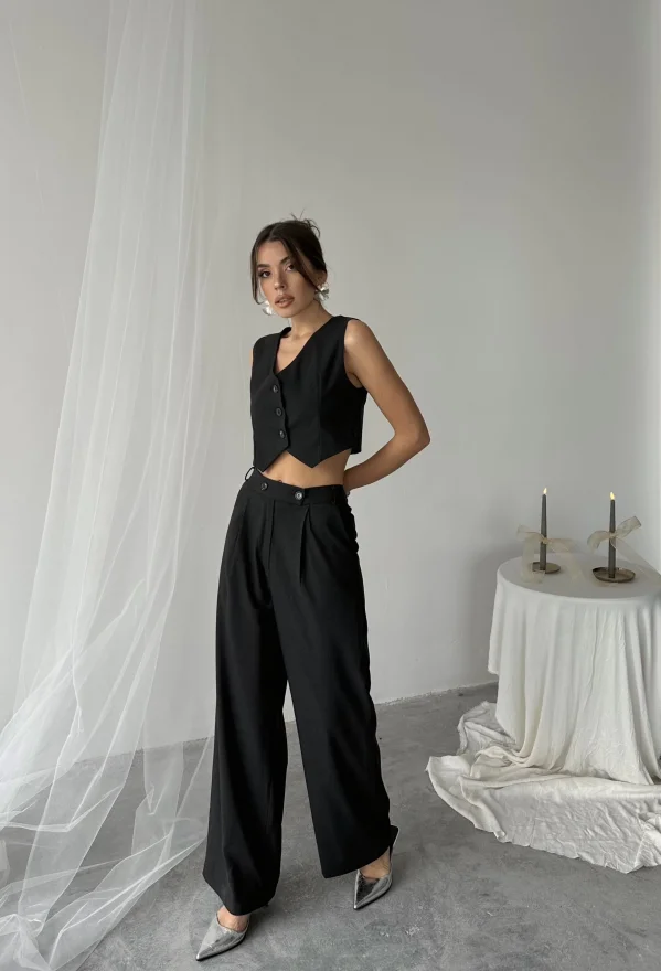 Antrasit Poliviskon Çift Düğme Palazzo Pantolon