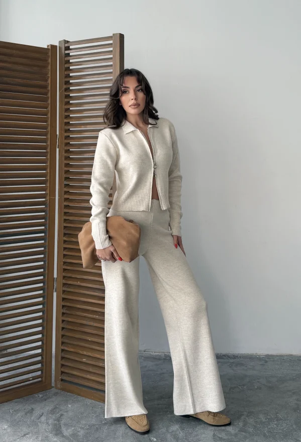 Bej Fermuarlı Triko Takım