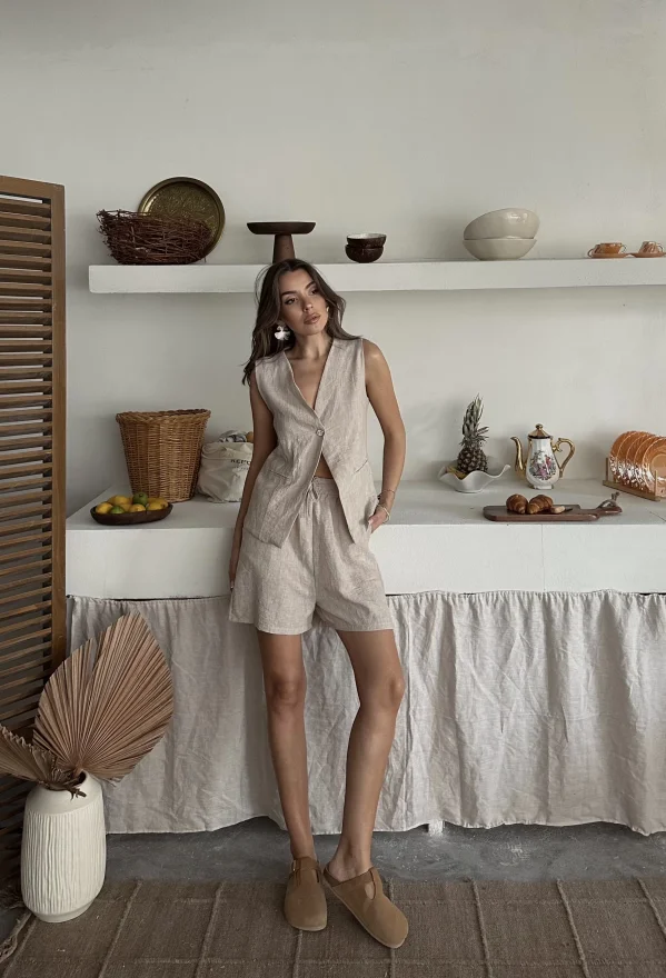 Bej Keten Tek Düğme Yelekli Şortlu Takım