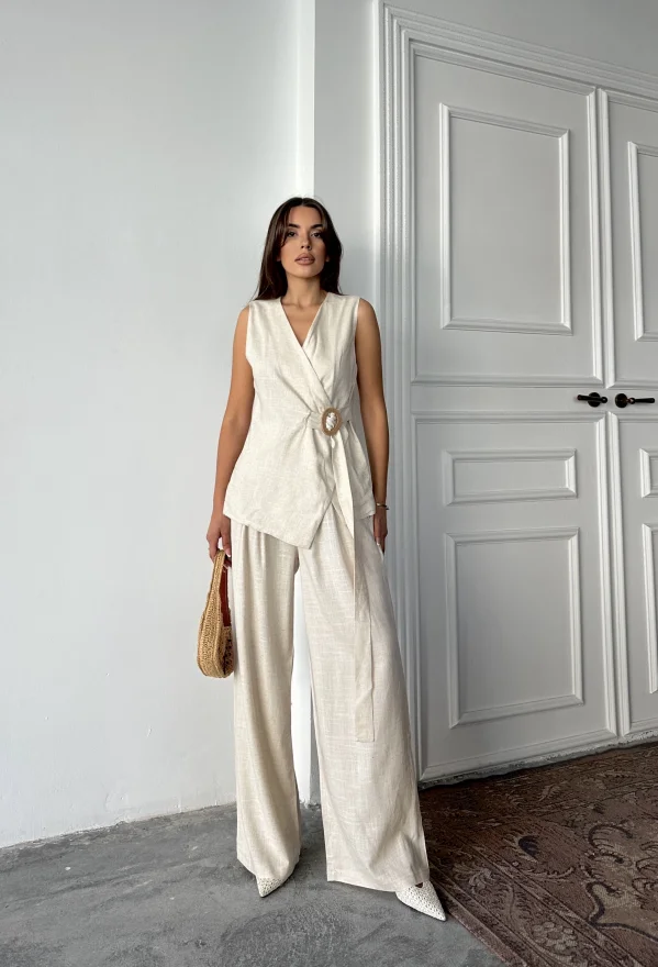 Bej Keten Tokalı Bağlamalı Yelek Takım