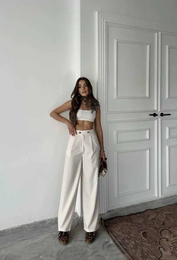 Bej Poliviskon Çift Düğme Palazzo Pantolon