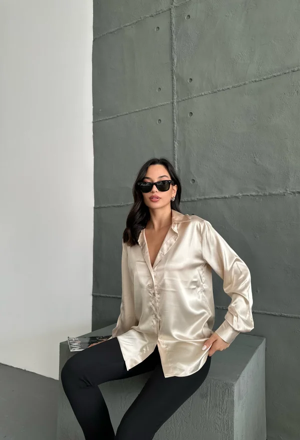 Bej Saten Oversize Gömlek