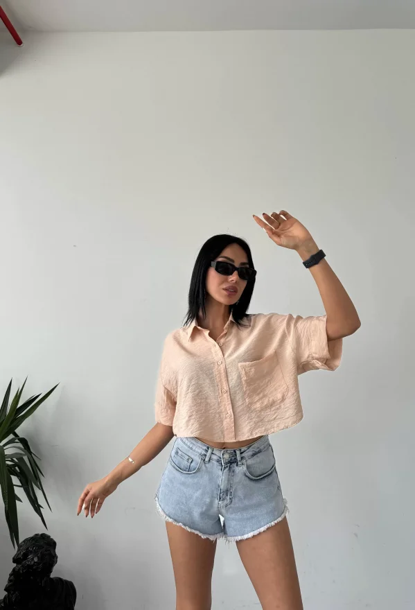 Bej Tensel Crop Cepli Gömlek