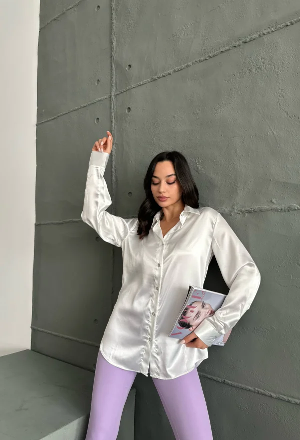 Beyaz Saten Oversize Gömlek