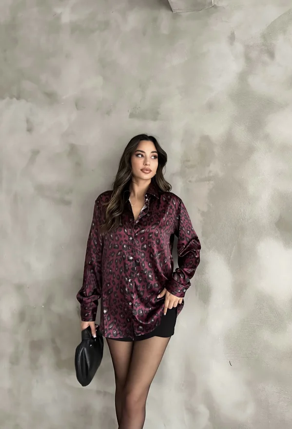Bordo Leopar Saten Oversize Gömlek