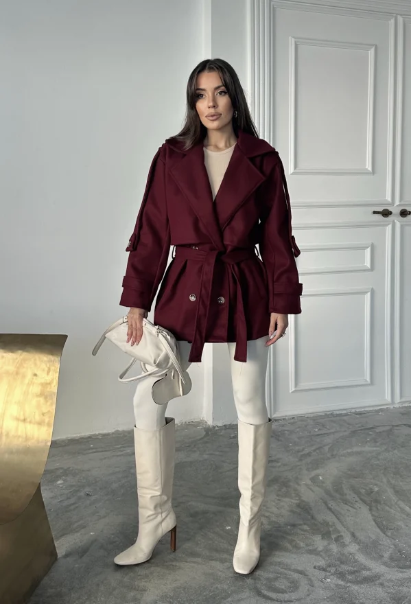 Bordo Modern Kesim Bordo Kaşe Kaban