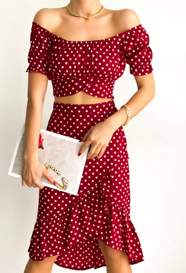 Bordo Puantiye Büstiyer Etek Takım