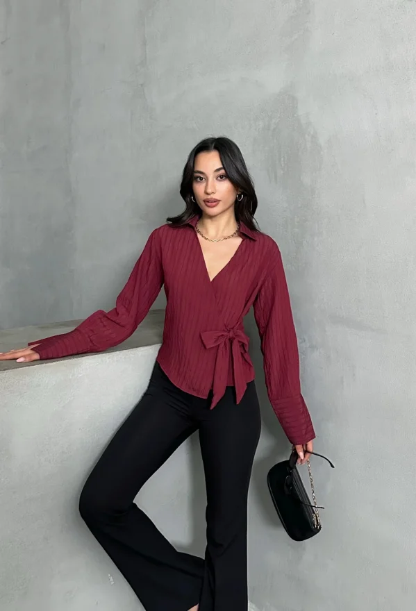 Bordo Yan Bağlamalı Çizgi Desenli Gömlek