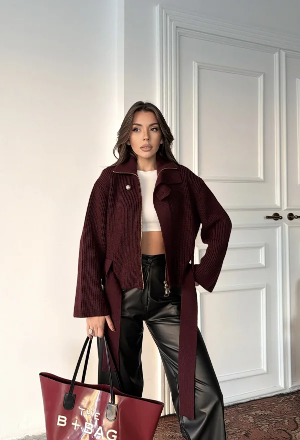 Dilvin Bordo Fermuarlı Kemerli Yünlü Triko Hırka