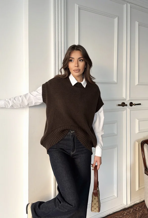 Dilvin Kahve Bisiklet Yaka Verev Triko Süveter