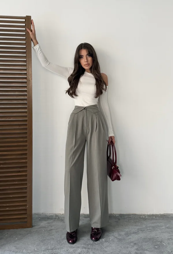 Gri Kemer Detaylı Palazzo Pantolon