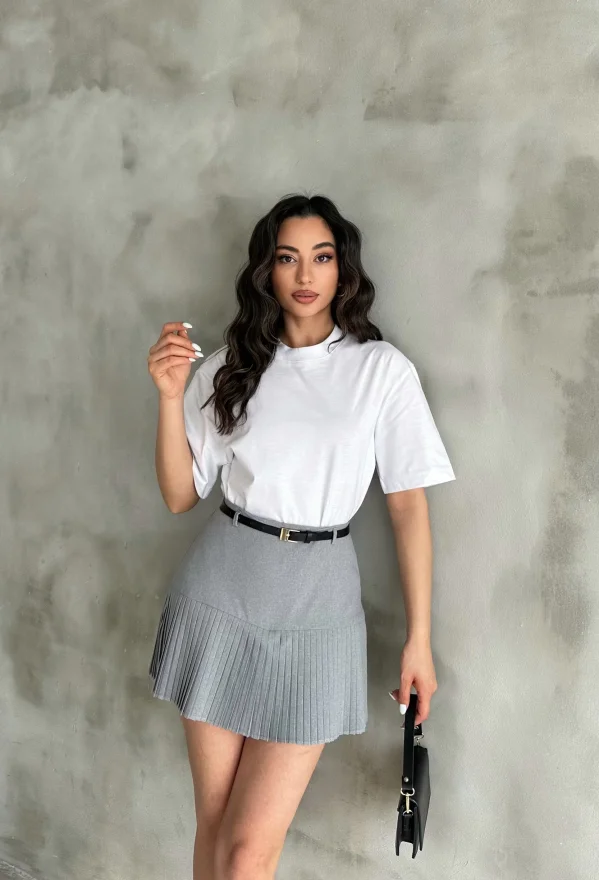 Gri Pile Detaylı Poliviskon Etek