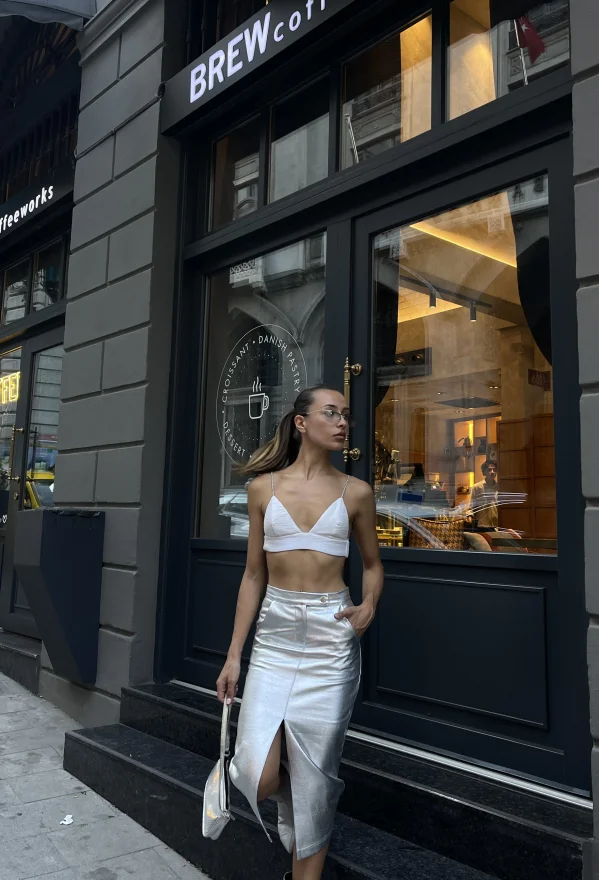 Gümüş Varak Önden Yırtmaçlı Etek