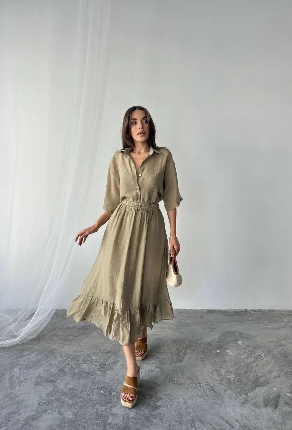 Haki Oversize Gömlek Etek Takım