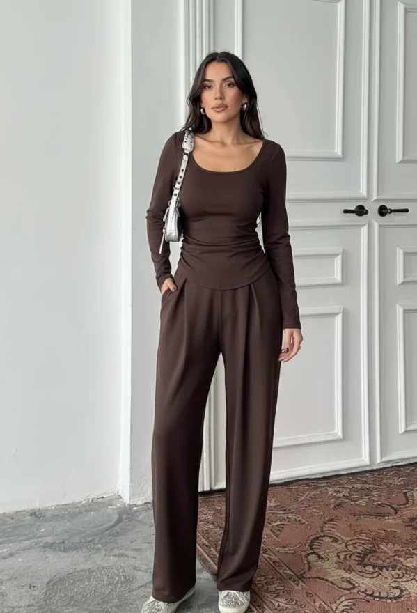 Kahve Kare Yaka Büzgülü Modal Takım