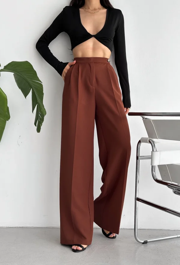Kahve Kemer Detaylı Atlas Palazzo Pantolon