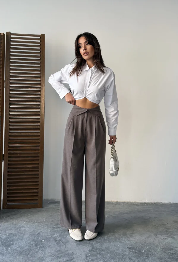 Kahve Kemer Detaylı Palazzo Pantolon