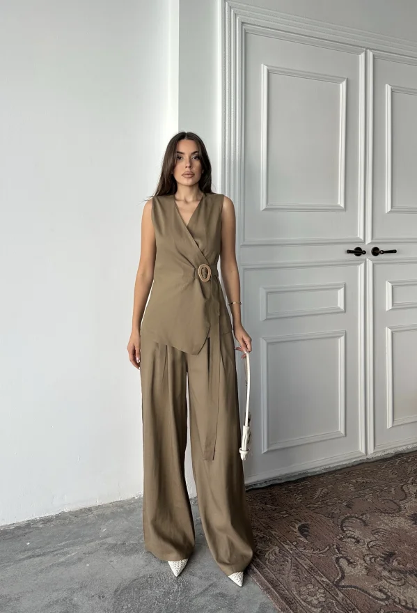 Kahve Keten Tokalı Bağlamalı Yelek Takım