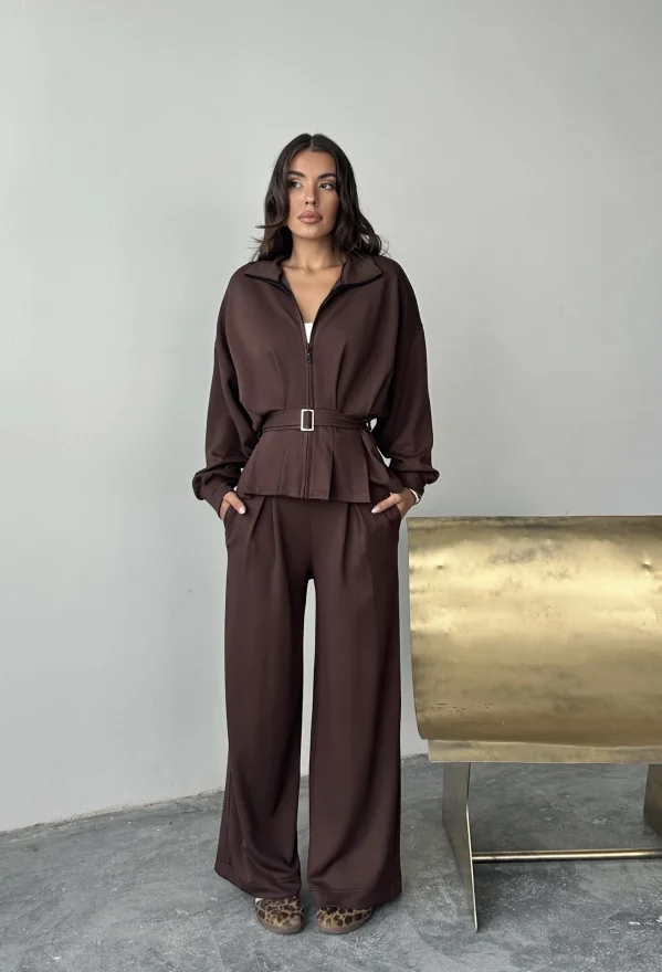 Kahve Modal Pileli Bağlamalı Ceket Takım