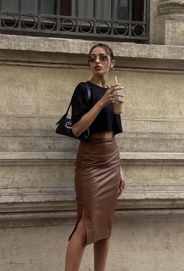 Kahve Önden Yırtmaçlı Deri Kalem Etek