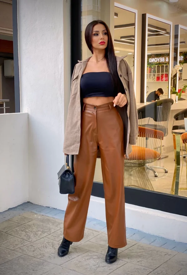 Kahve Palazzo Deri Pantolon