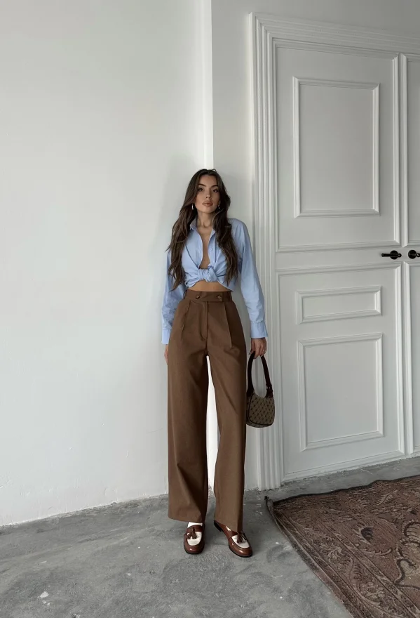 Kahve Poliviskon Çift Düğme Palazzo Pantolon