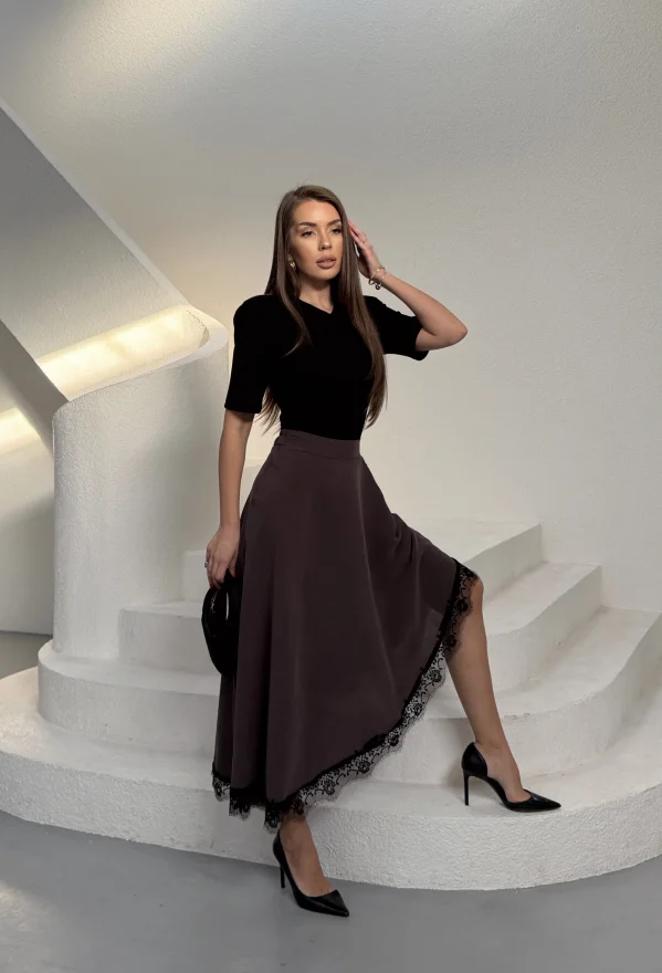 Kahverengi Modal Dantelli Etek