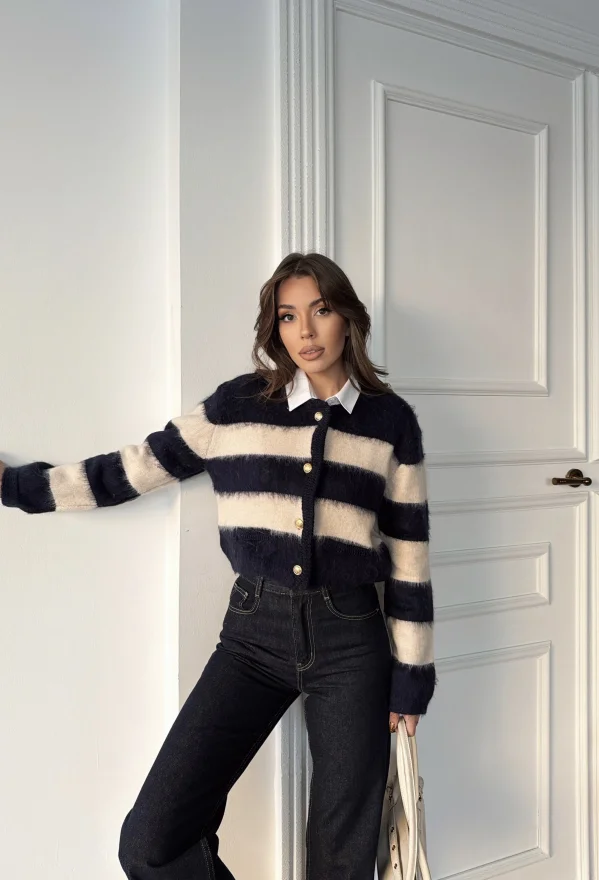 Lacivert Çizgili Triko Hırka