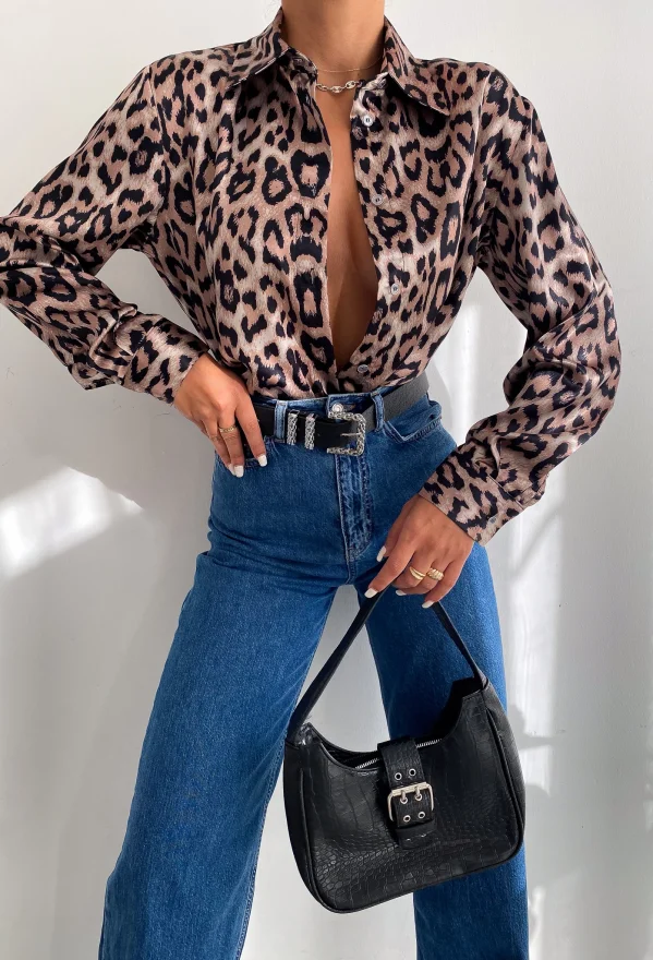 Leopar Saten Oversize Gömlek