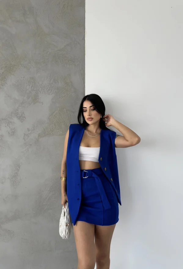 Mavi Kaşe Kruvaze Oversize Yelek Etek Takım