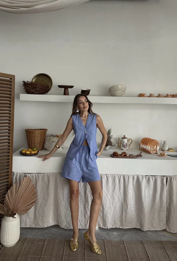 Mavi Keten Tek Düğme Yelekli Şortlu Takım