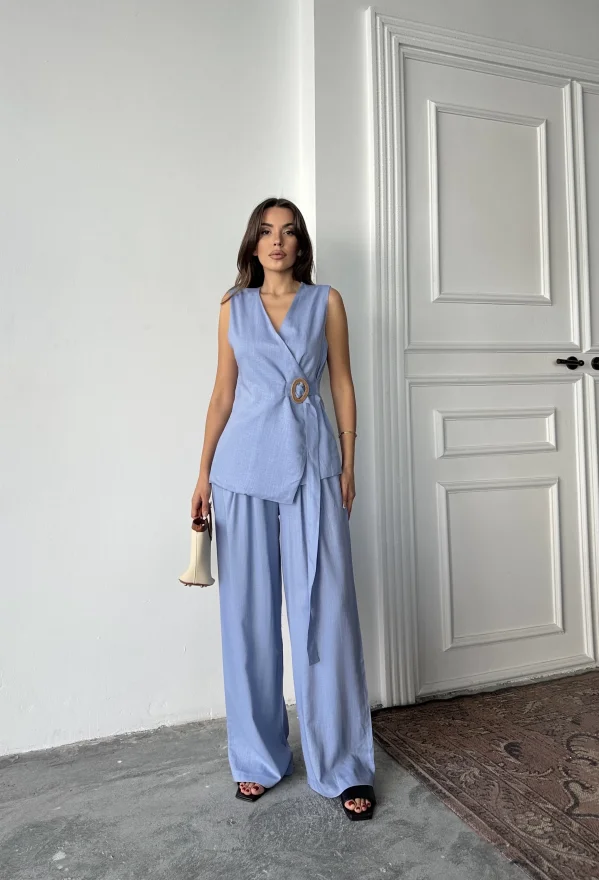 Mavi Keten Tokalı Bağlamalı Yelek Takım