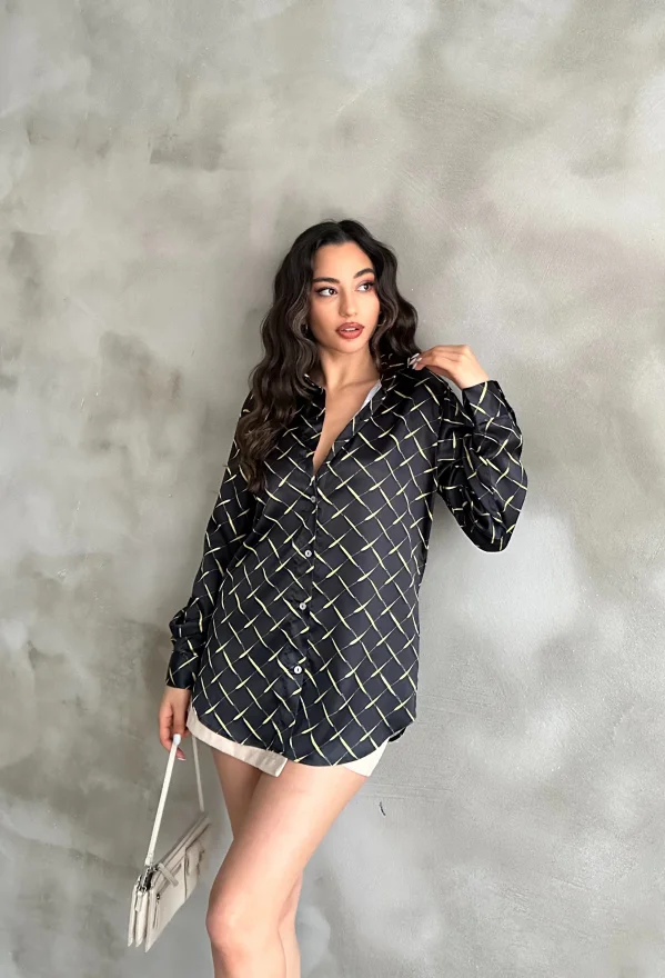 Sarı Çizgi Desen Saten Oversize Gömlek