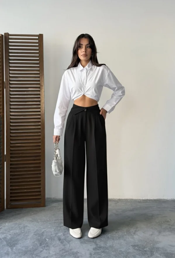 Siyah Kemer Detaylı Palazzo Pantolon