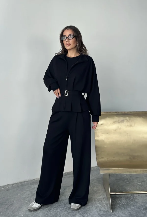 Siyah Modal Pileli Bağlamalı Ceket Takım