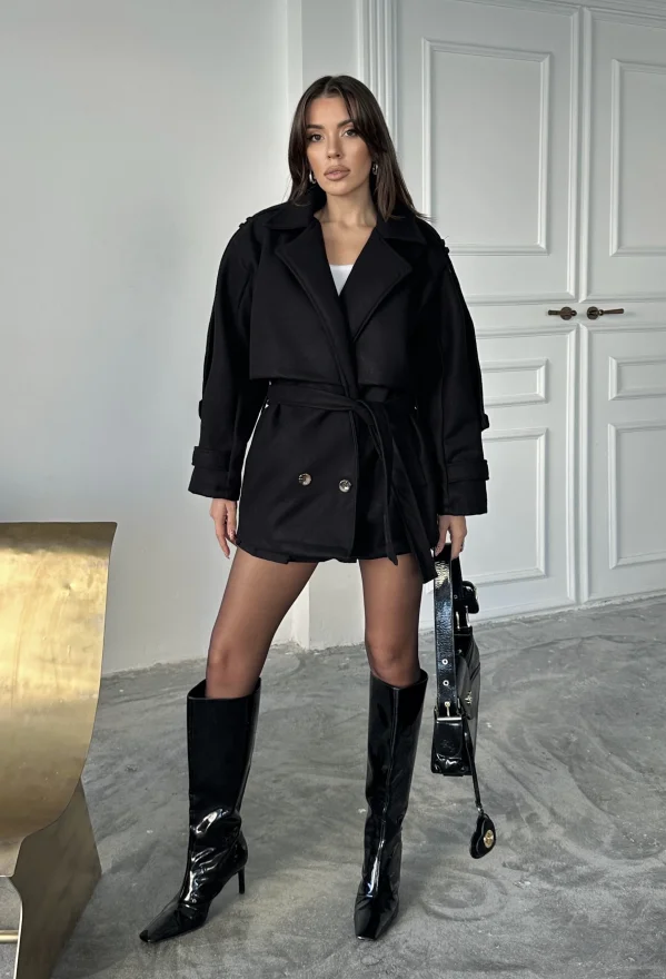 Siyah Modern Kesim Bordo Kaşe Kaban