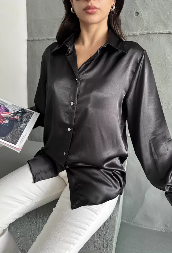Siyah Saten Oversize Gömlek