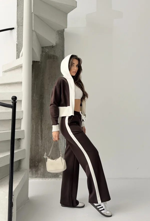 Triko Detaylı Kahve Kapüşonlu Modal Takım