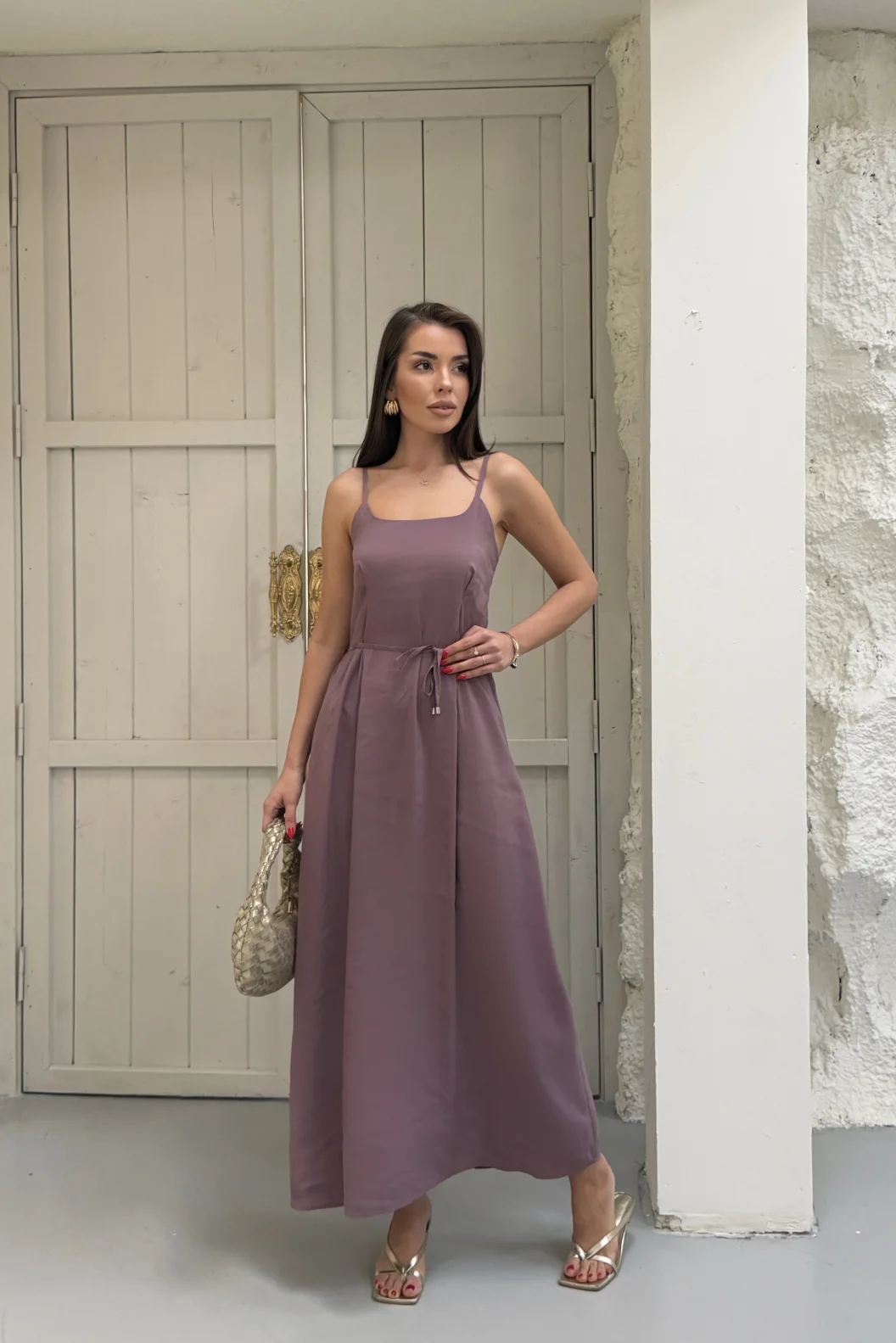 Toz Pembe Modal Askılı Elbise