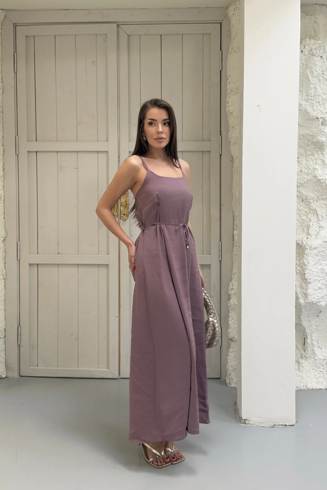 Toz Pembe Modal Askılı Elbise