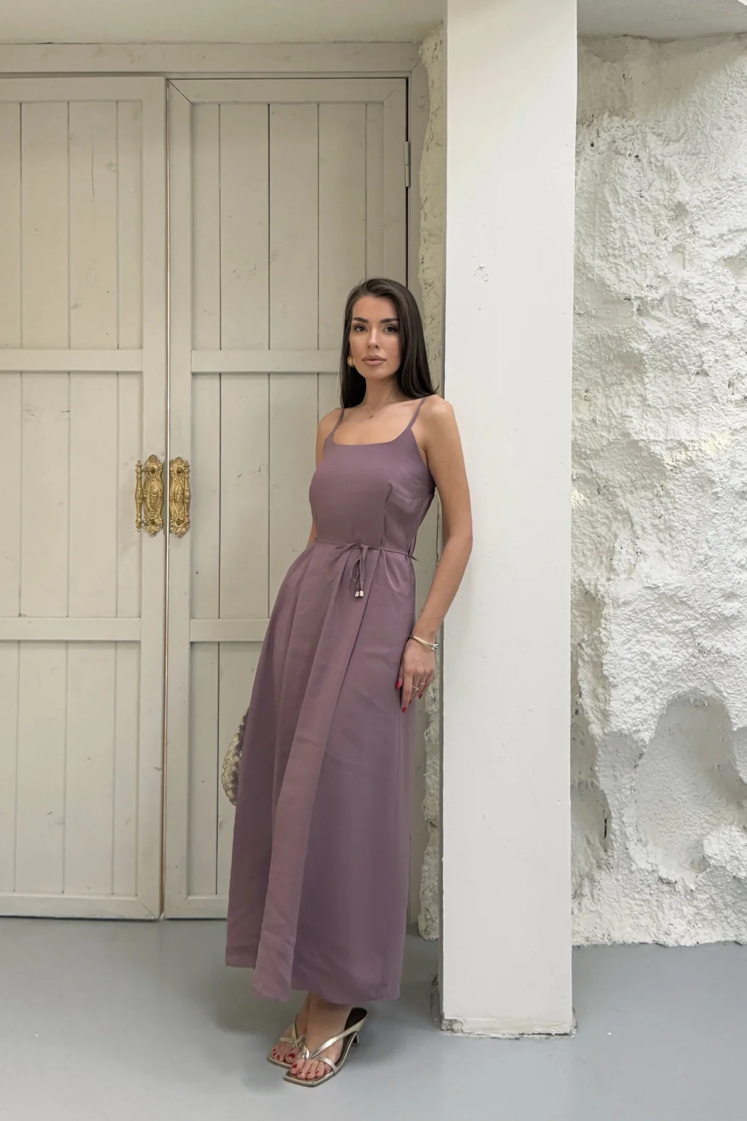 Toz Pembe Modal Askılı Elbise