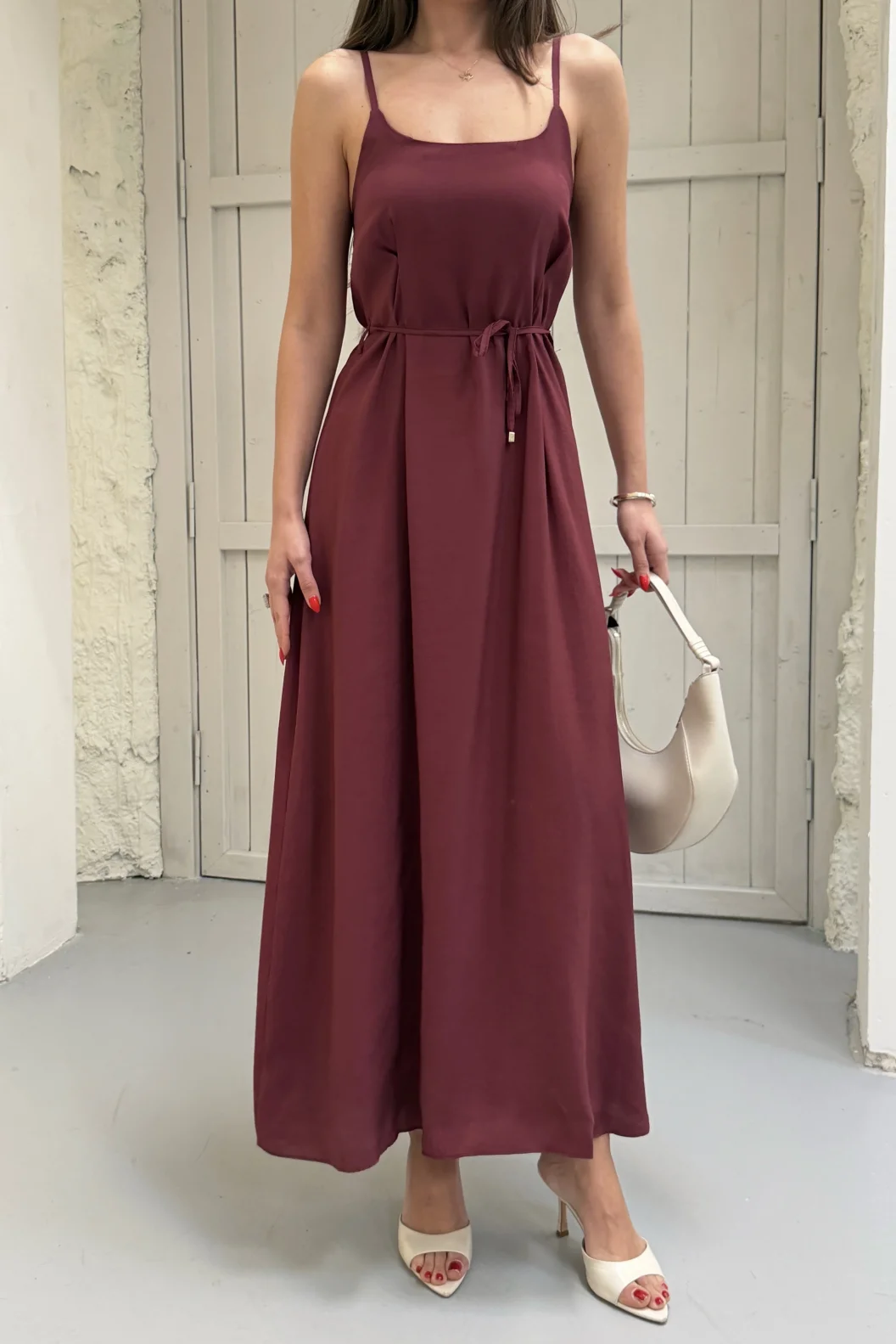Bordo Modal Askılı Elbise
