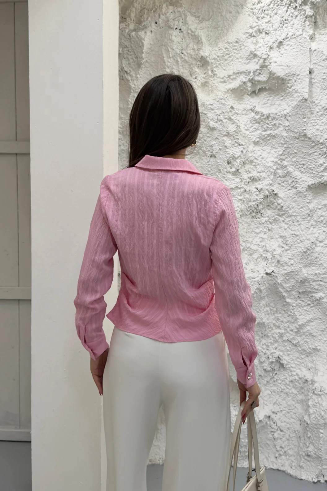 Pembe Gold Düğmeli Pileli Gömlek